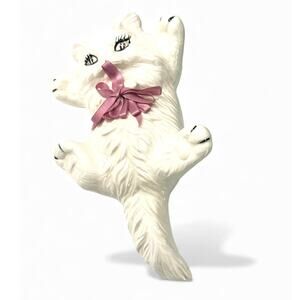 Vintage White persian Cat figure pink bow Table Top Wall Hanging Kitty 9" 80's